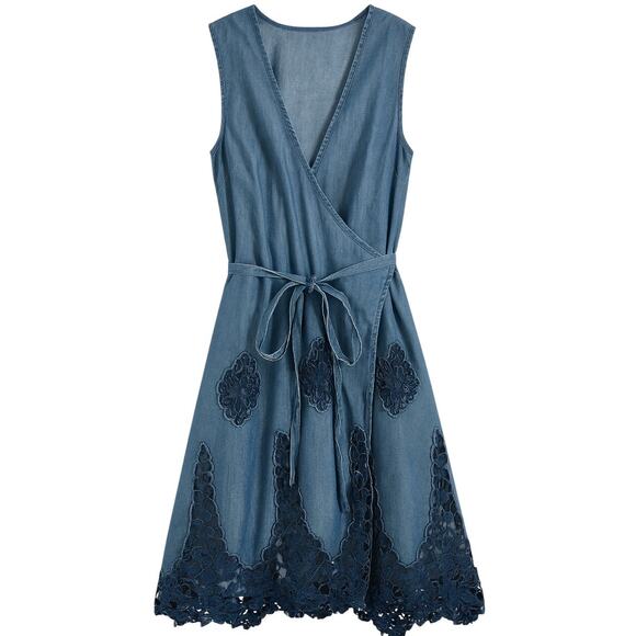 Miguelina Chambray Crochet Lace Wrap Mini Dress Size Small - Picture 1 of 7